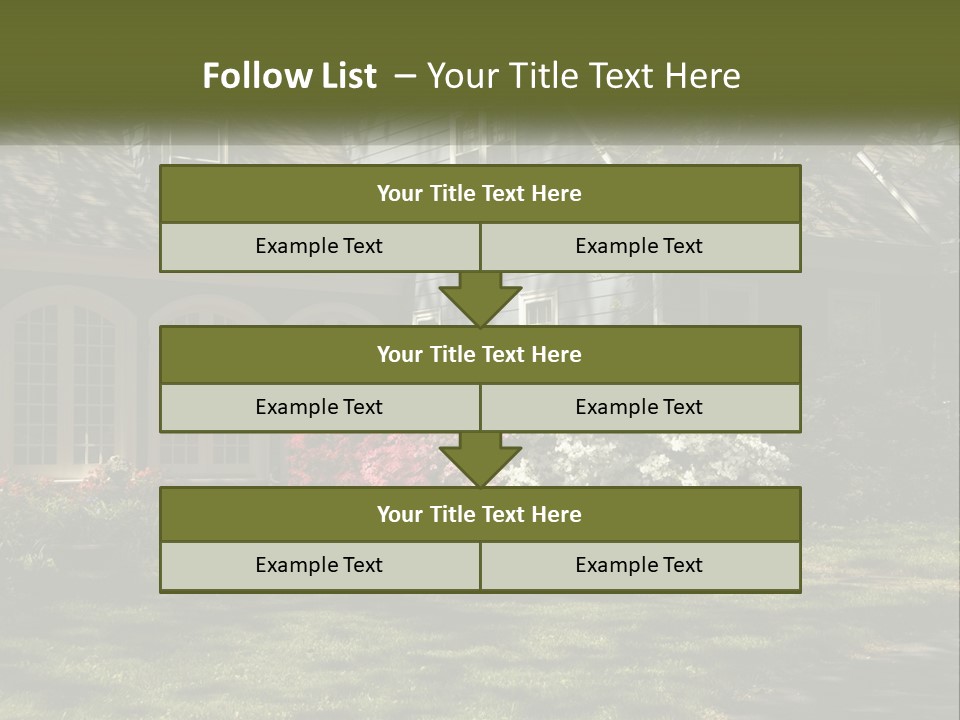 A Blue House With Pink And White Flowers In Front Of It PowerPoint Template