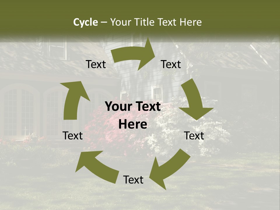 A Blue House With Pink And White Flowers In Front Of It PowerPoint Template