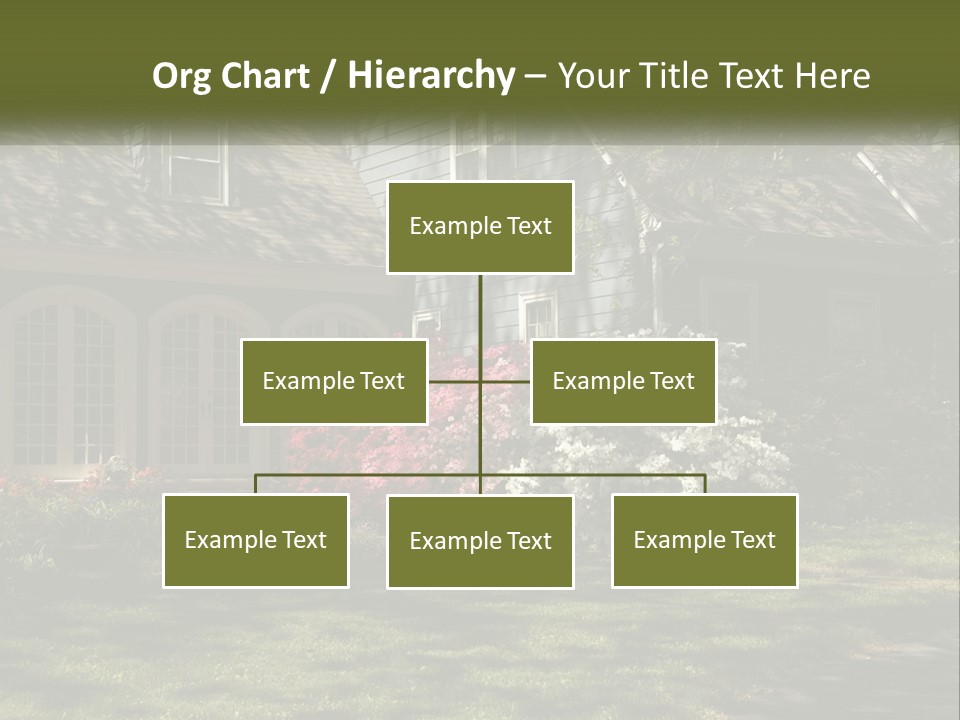 A Blue House With Pink And White Flowers In Front Of It PowerPoint Template