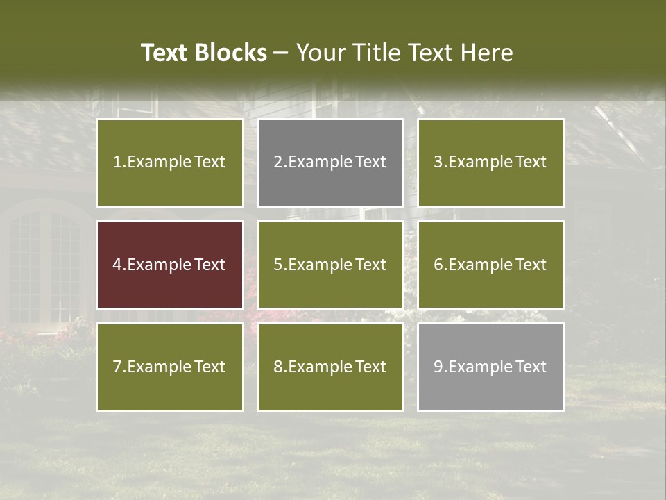 A Blue House With Pink And White Flowers In Front Of It PowerPoint Template