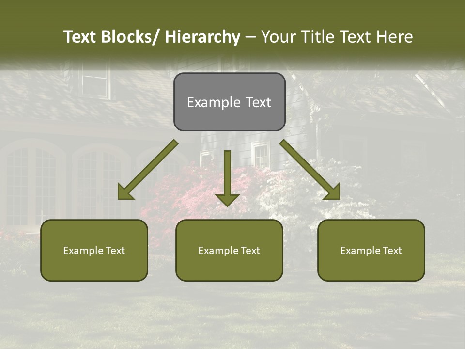 A Blue House With Pink And White Flowers In Front Of It PowerPoint Template