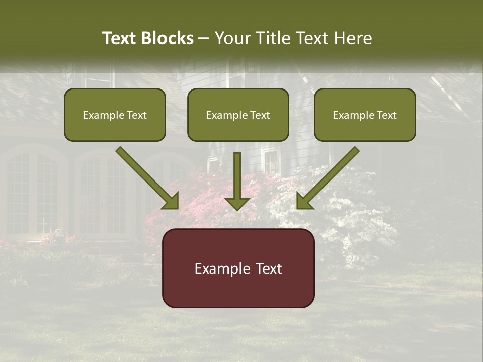 A Blue House With Pink And White Flowers In Front Of It PowerPoint Template