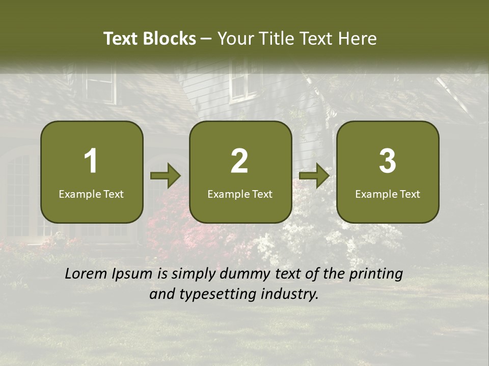 A Blue House With Pink And White Flowers In Front Of It PowerPoint Template