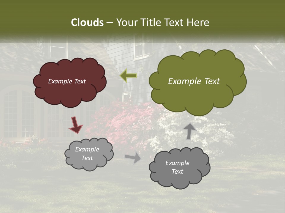 A Blue House With Pink And White Flowers In Front Of It PowerPoint Template