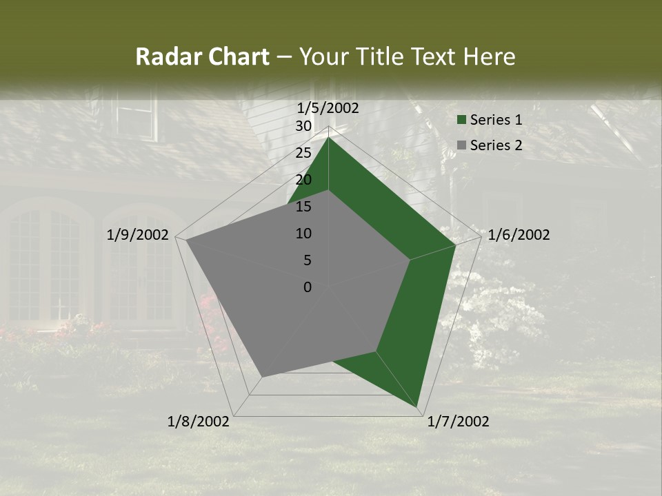 A Blue House With Pink And White Flowers In Front Of It PowerPoint Template