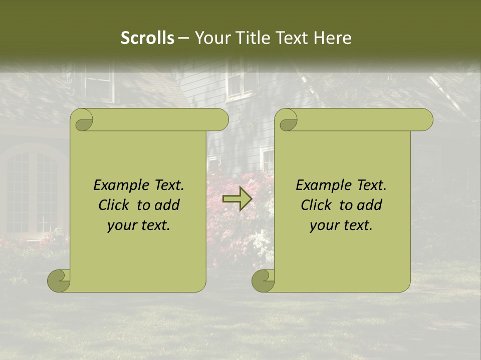 A Blue House With Pink And White Flowers In Front Of It PowerPoint Template