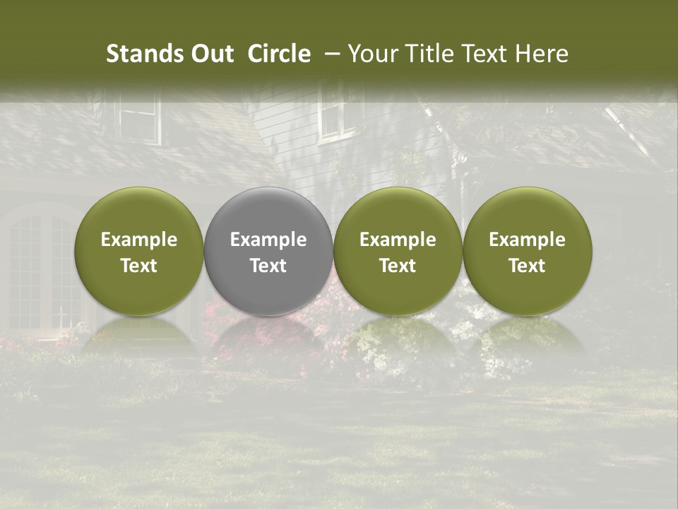 A Blue House With Pink And White Flowers In Front Of It PowerPoint Template