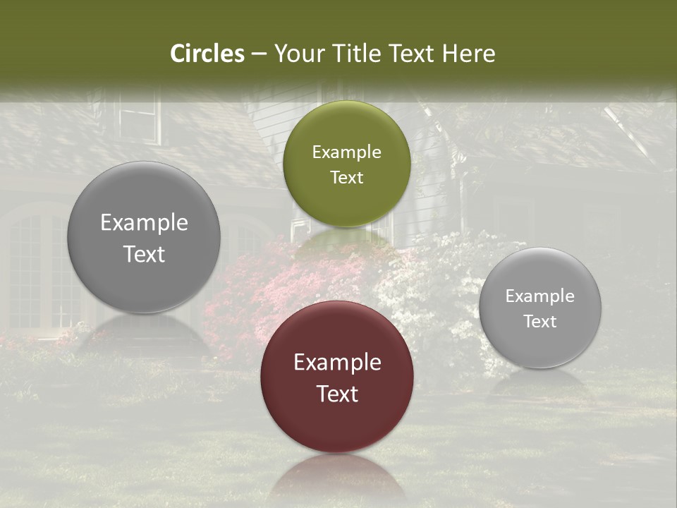 A Blue House With Pink And White Flowers In Front Of It PowerPoint Template