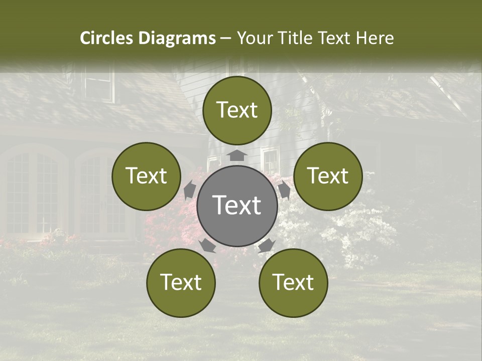 A Blue House With Pink And White Flowers In Front Of It PowerPoint Template