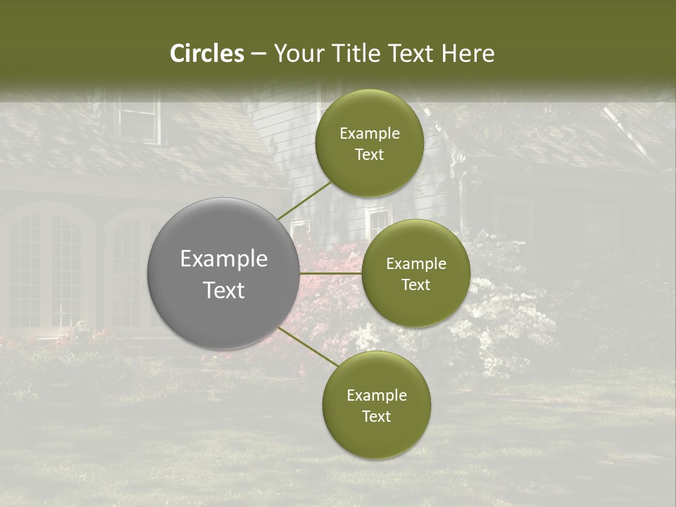 A Blue House With Pink And White Flowers In Front Of It PowerPoint Template