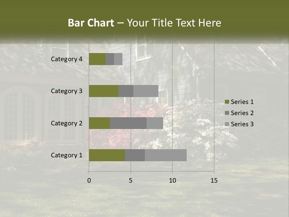 A Blue House With Pink And White Flowers In Front Of It PowerPoint Template