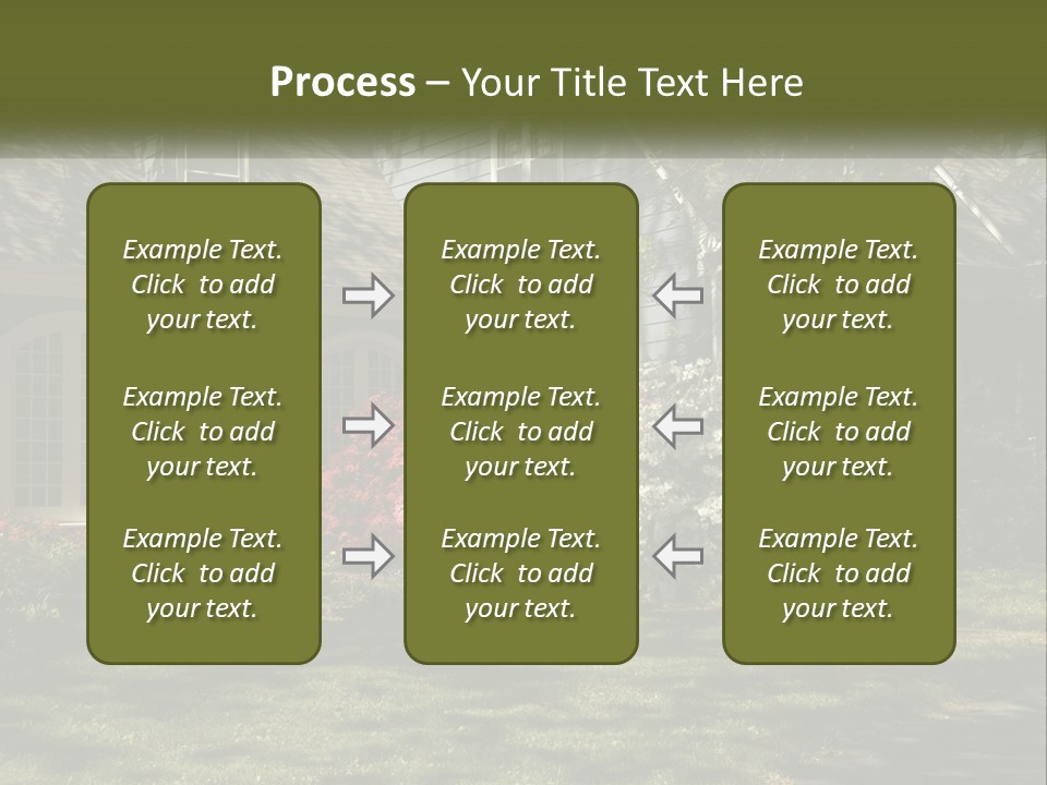 A Blue House With Pink And White Flowers In Front Of It PowerPoint Template