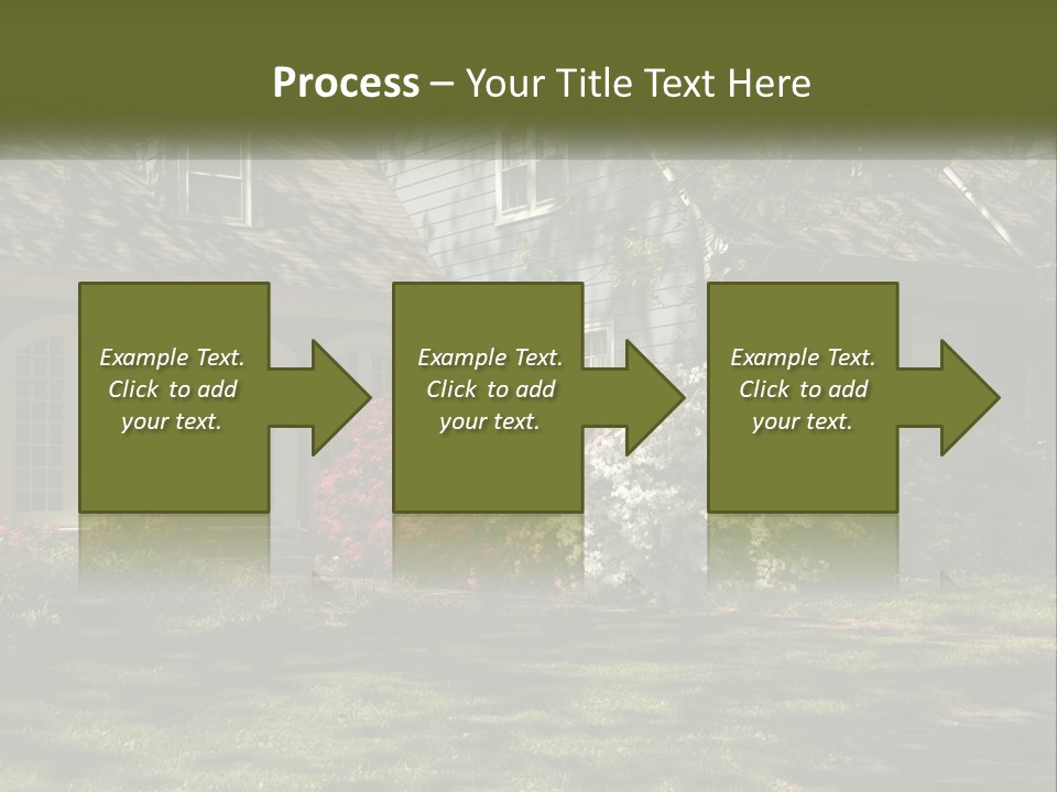 A Blue House With Pink And White Flowers In Front Of It PowerPoint Template