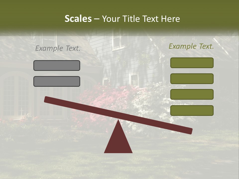 A Blue House With Pink And White Flowers In Front Of It PowerPoint Template