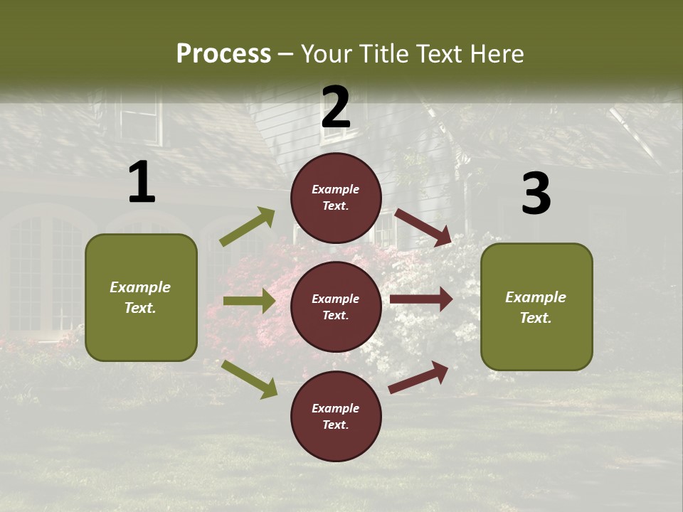 A Blue House With Pink And White Flowers In Front Of It PowerPoint Template