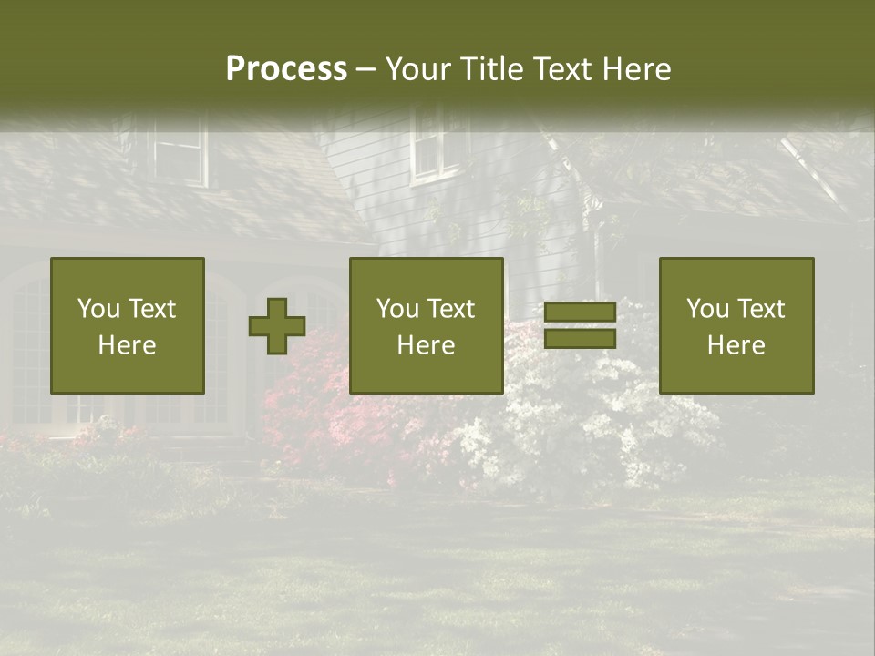 A Blue House With Pink And White Flowers In Front Of It PowerPoint Template