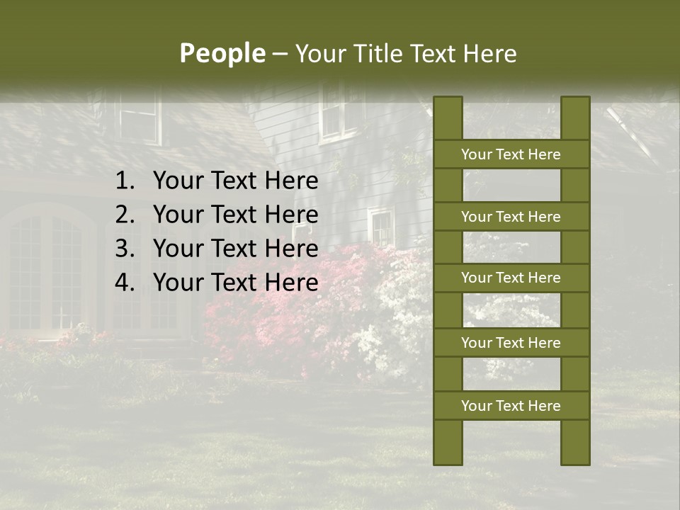 A Blue House With Pink And White Flowers In Front Of It PowerPoint Template