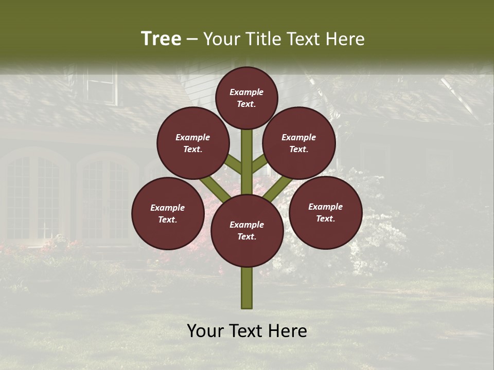 A Blue House With Pink And White Flowers In Front Of It PowerPoint Template