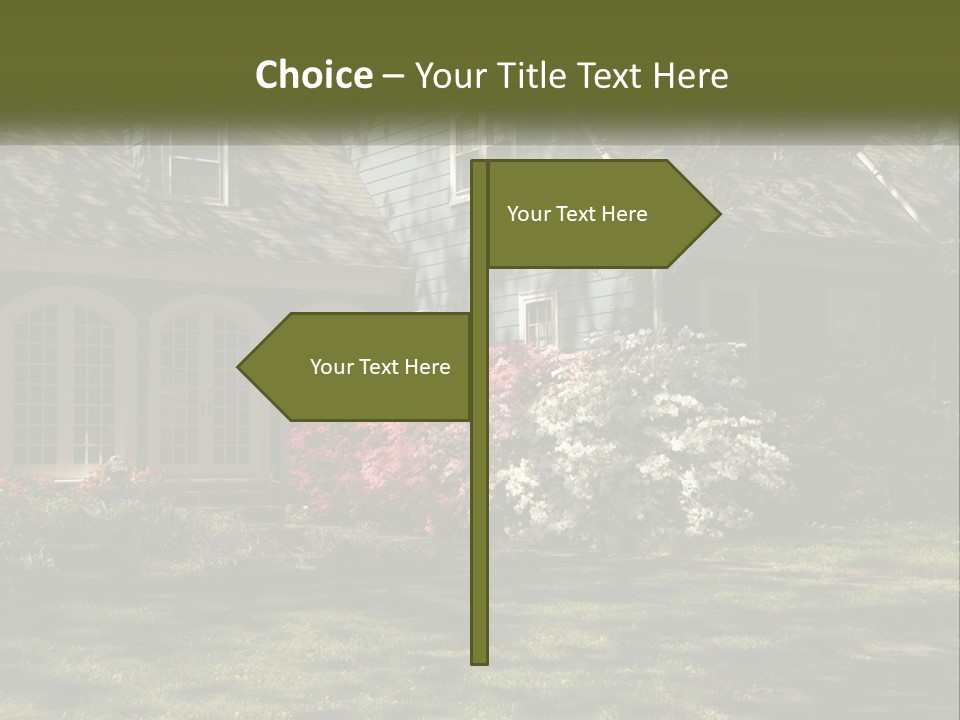 A Blue House With Pink And White Flowers In Front Of It PowerPoint Template