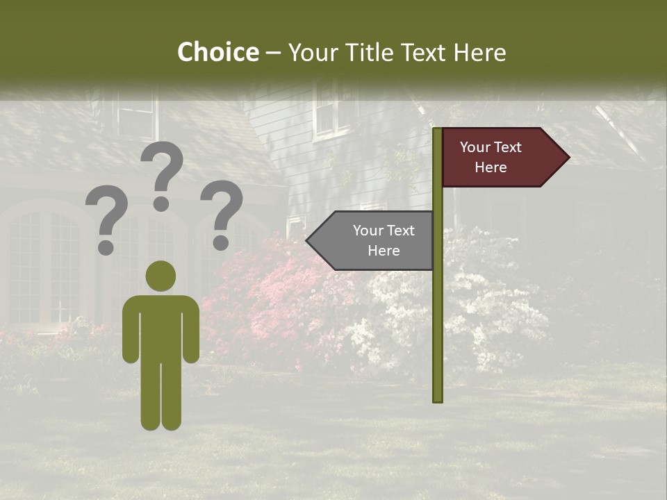 A Blue House With Pink And White Flowers In Front Of It PowerPoint Template