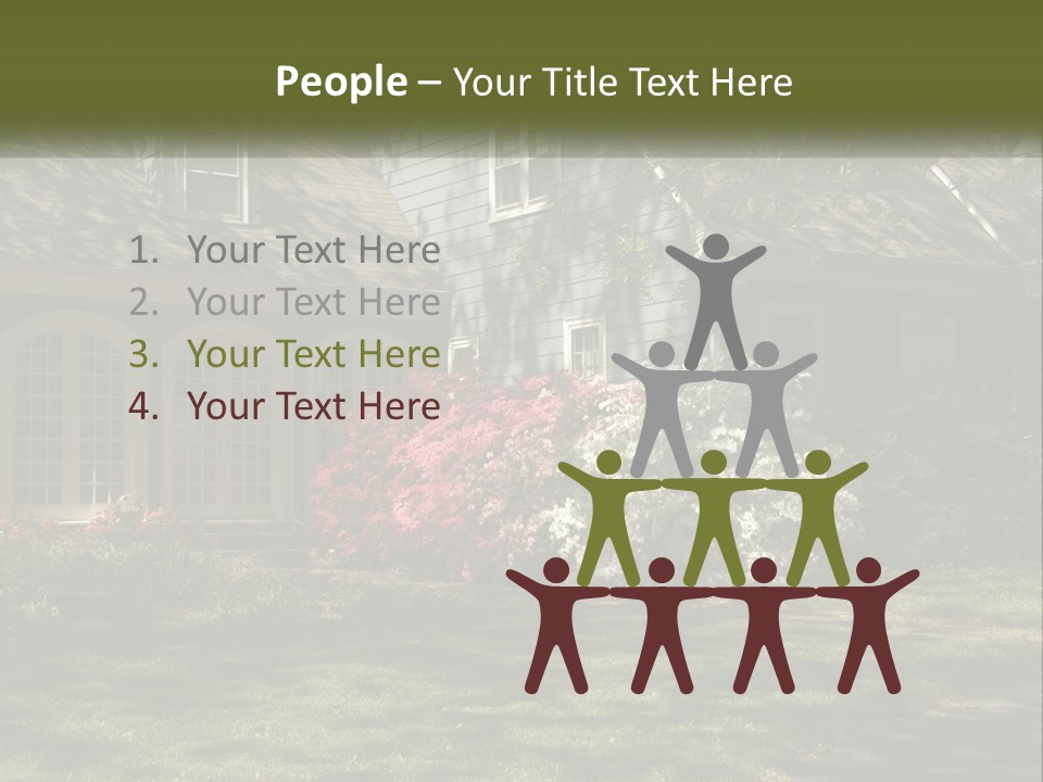 A Blue House With Pink And White Flowers In Front Of It PowerPoint Template