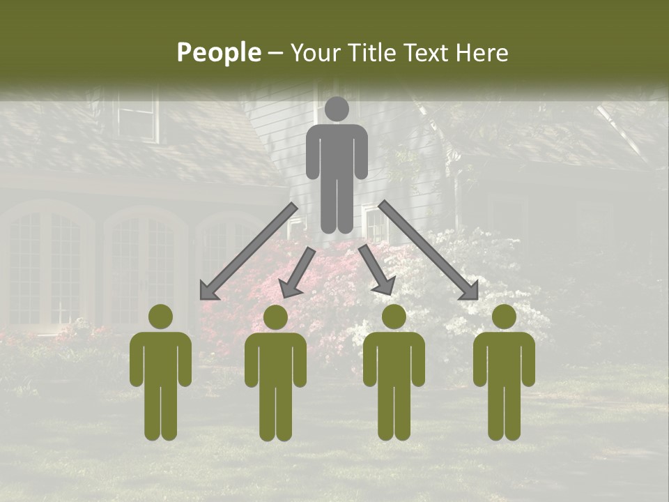 A Blue House With Pink And White Flowers In Front Of It PowerPoint Template