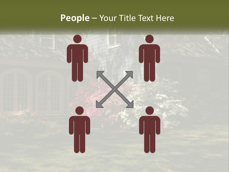 A Blue House With Pink And White Flowers In Front Of It PowerPoint Template