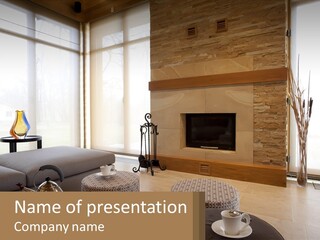 A Living Room With A Couch And A Fireplace PowerPoint Template