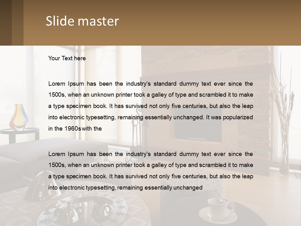 A Living Room With A Couch And A Fireplace PowerPoint Template