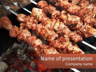 A Bunch Of Meat On A Grill With Tongs PowerPoint Template