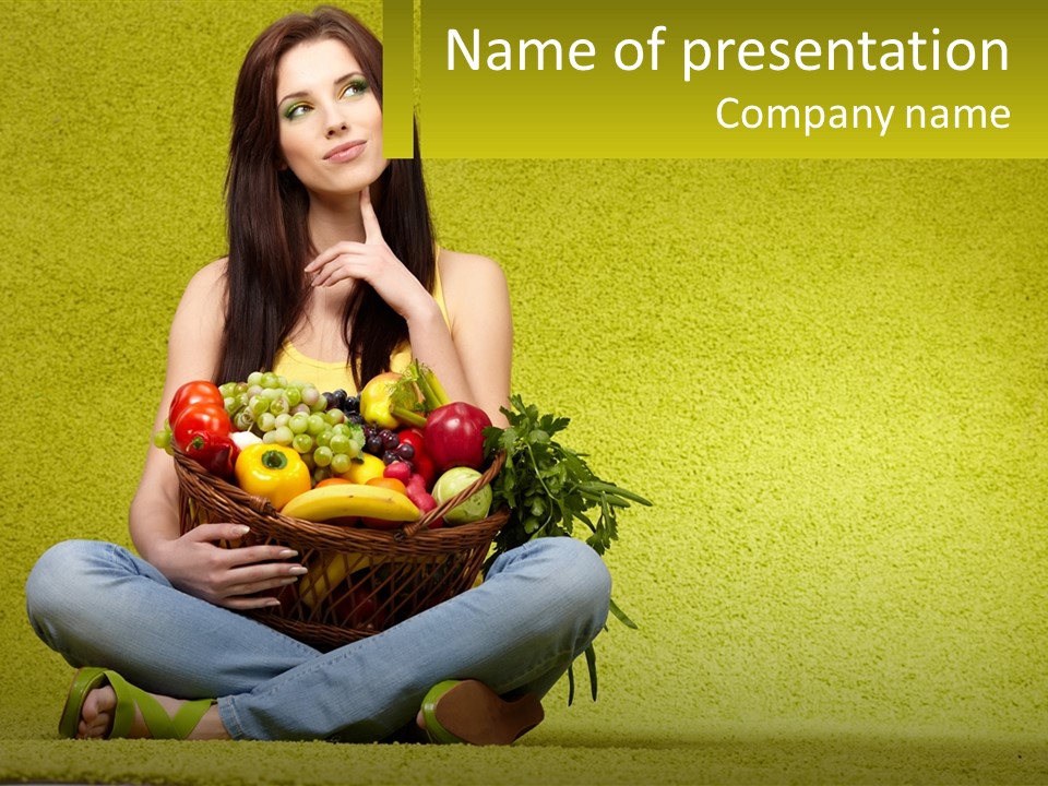 A Woman Sitting On The Floor Holding A Basket Of Fruit PowerPoint Template