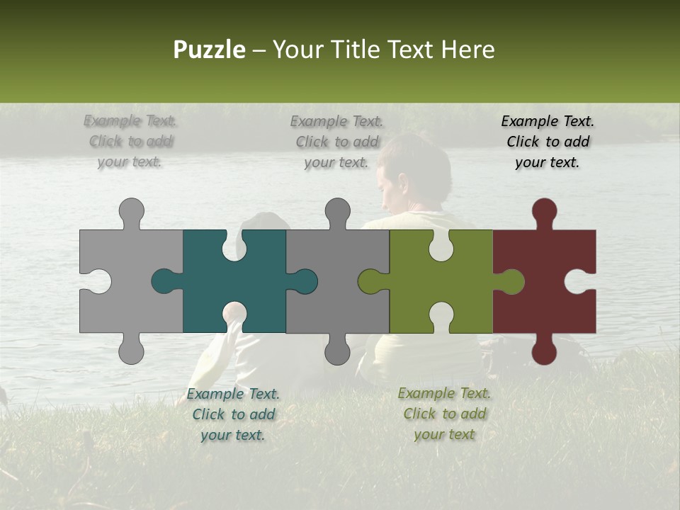 A Man And A Child Sitting On The Grass Near A Body Of Water PowerPoint Template