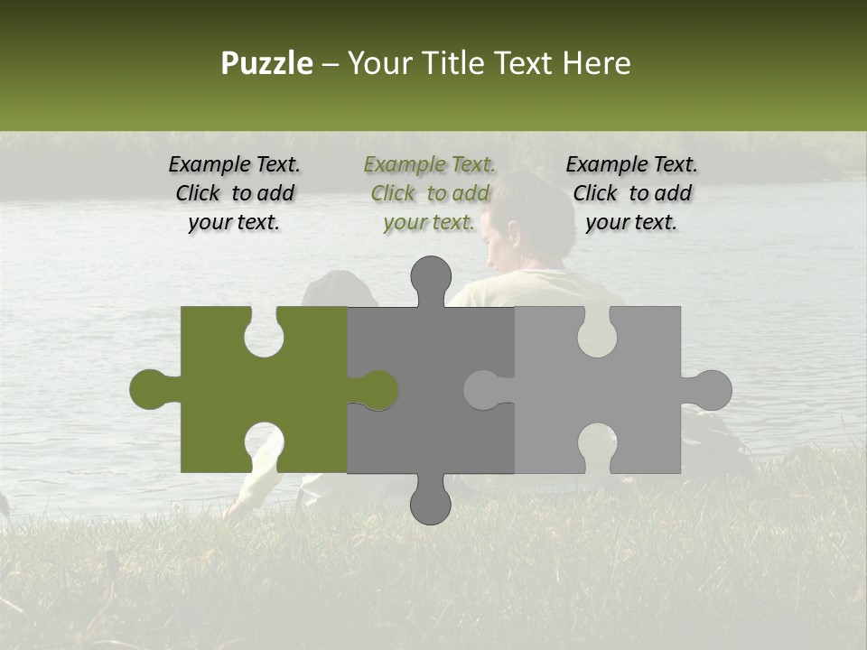 A Man And A Child Sitting On The Grass Near A Body Of Water PowerPoint Template