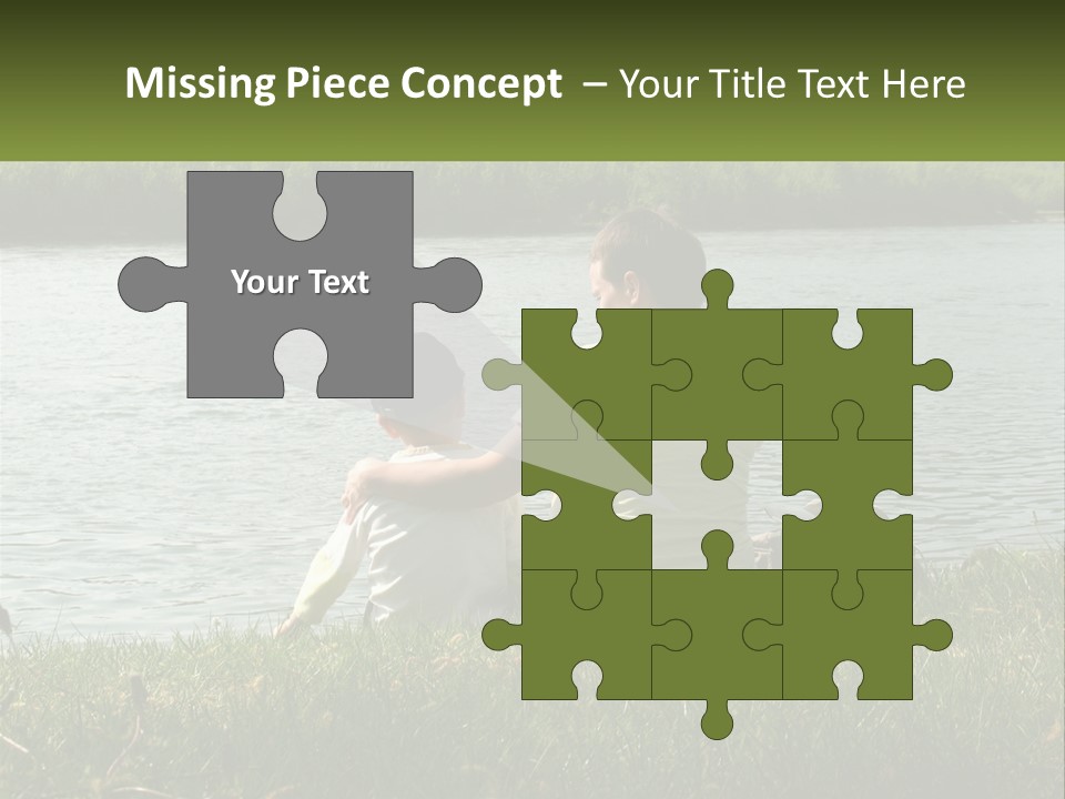 A Man And A Child Sitting On The Grass Near A Body Of Water PowerPoint Template