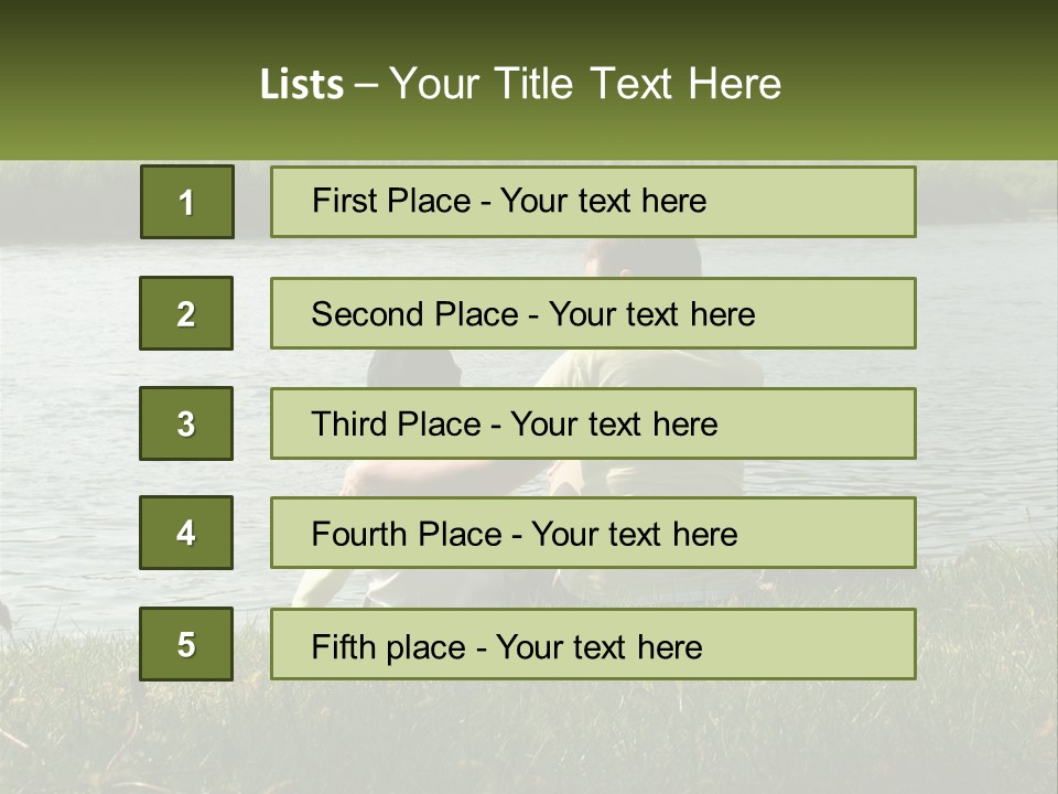 A Man And A Child Sitting On The Grass Near A Body Of Water PowerPoint Template