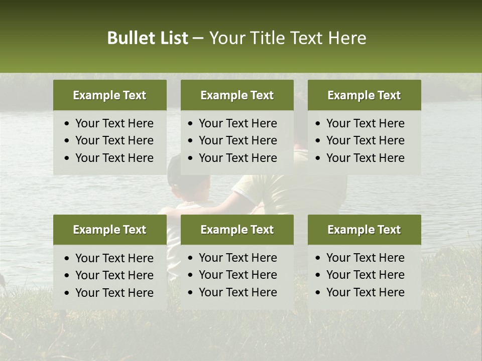 A Man And A Child Sitting On The Grass Near A Body Of Water PowerPoint Template