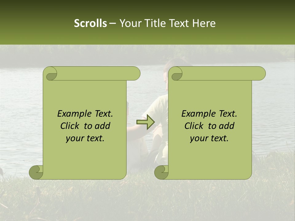 A Man And A Child Sitting On The Grass Near A Body Of Water PowerPoint Template