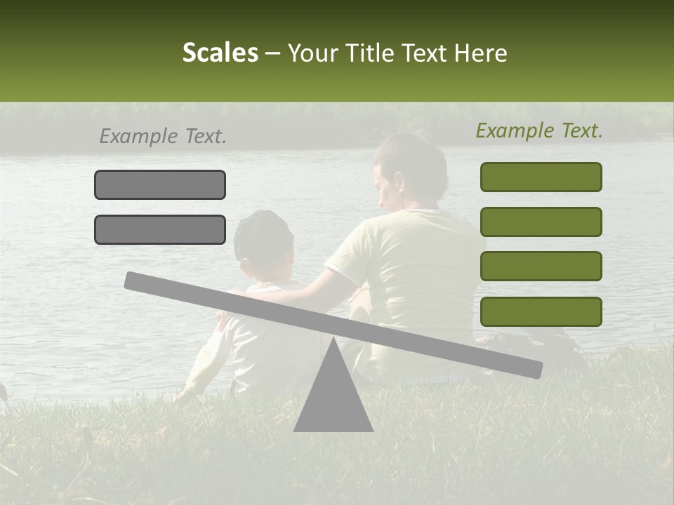 A Man And A Child Sitting On The Grass Near A Body Of Water PowerPoint Template