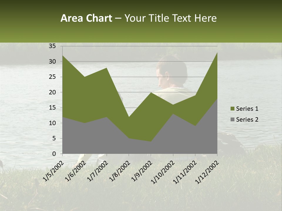 A Man And A Child Sitting On The Grass Near A Body Of Water PowerPoint Template
