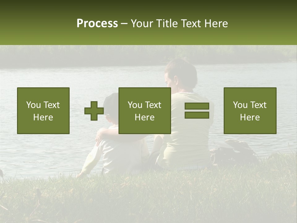 A Man And A Child Sitting On The Grass Near A Body Of Water PowerPoint Template