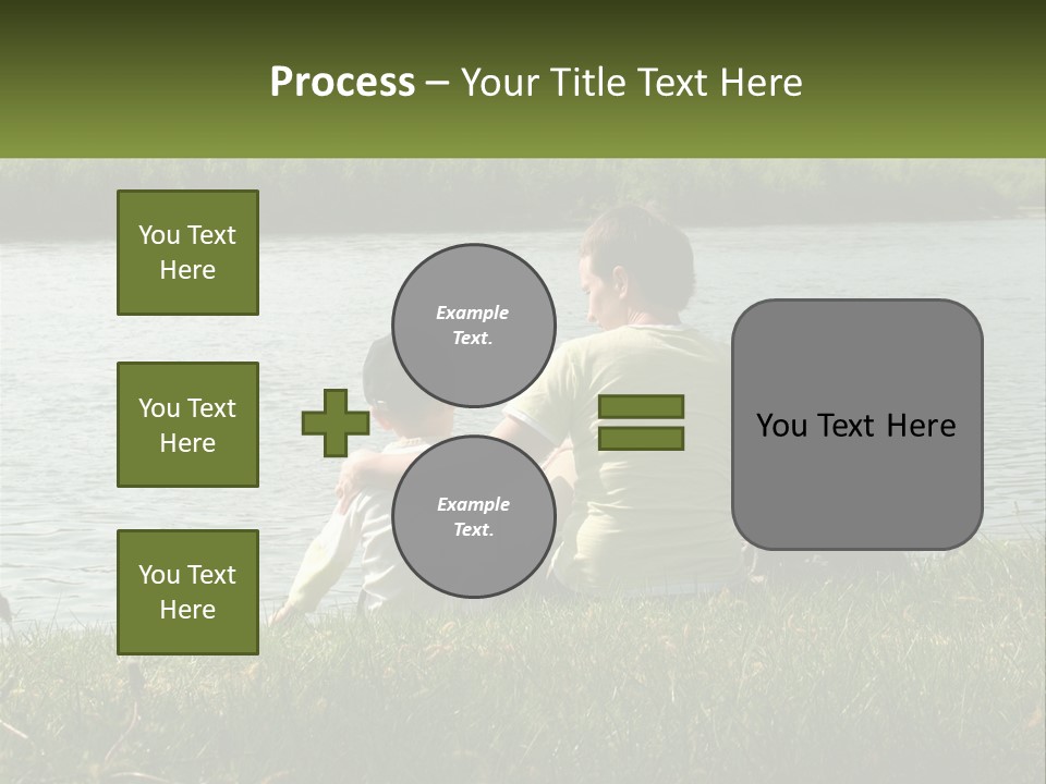 A Man And A Child Sitting On The Grass Near A Body Of Water PowerPoint Template
