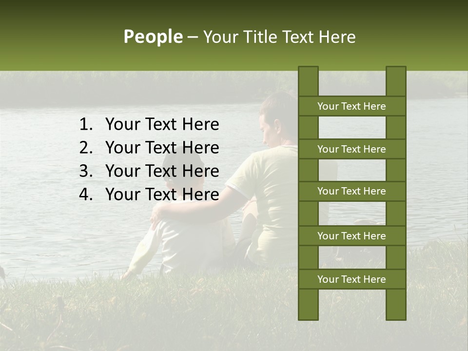 A Man And A Child Sitting On The Grass Near A Body Of Water PowerPoint Template
