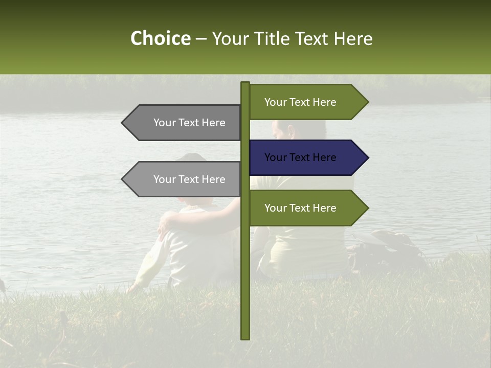 A Man And A Child Sitting On The Grass Near A Body Of Water PowerPoint Template