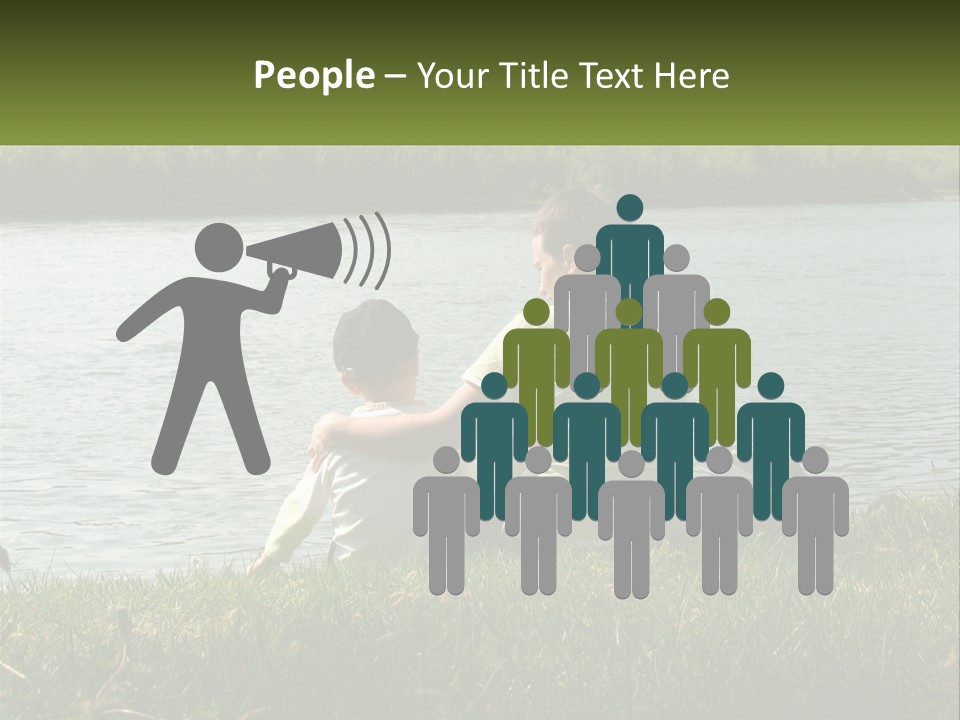 A Man And A Child Sitting On The Grass Near A Body Of Water PowerPoint Template