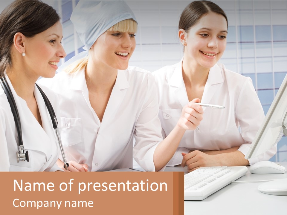 Three Women In White Lab Coats Are Looking At A Computer Screen PowerPoint Template