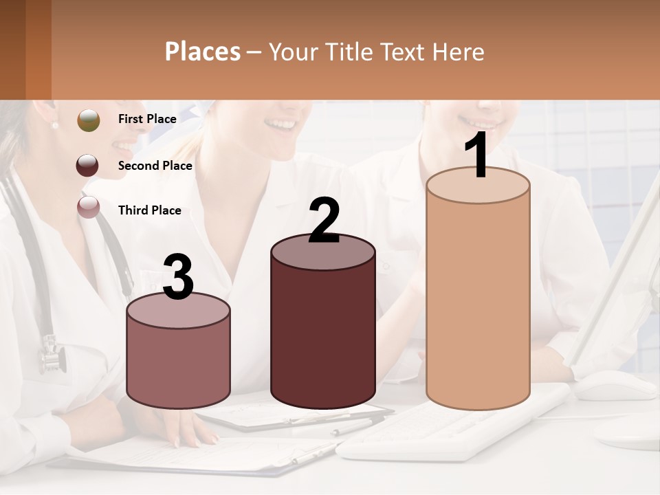 Three Women In White Lab Coats Are Looking At A Computer Screen PowerPoint Template