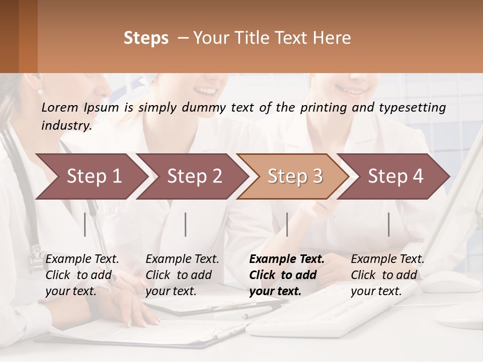 Three Women In White Lab Coats Are Looking At A Computer Screen PowerPoint Template
