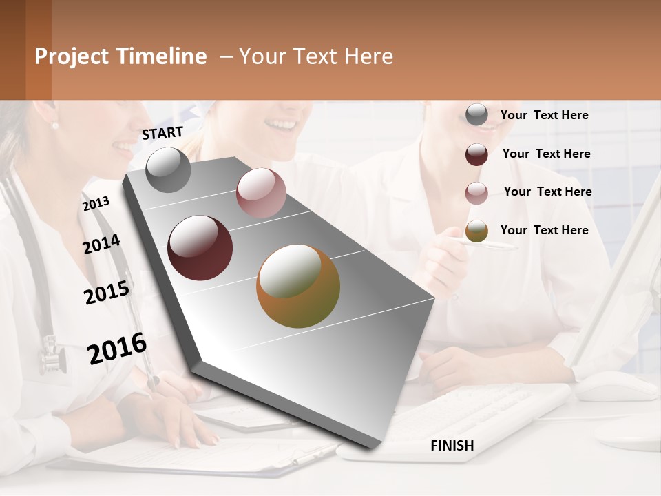 Three Women In White Lab Coats Are Looking At A Computer Screen PowerPoint Template