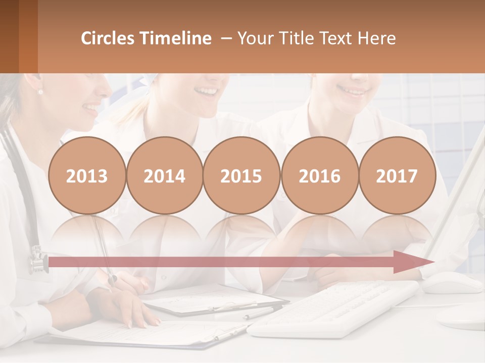 Three Women In White Lab Coats Are Looking At A Computer Screen PowerPoint Template