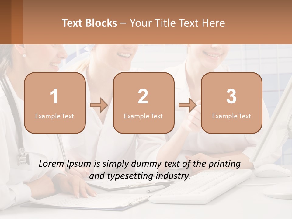 Three Women In White Lab Coats Are Looking At A Computer Screen PowerPoint Template
